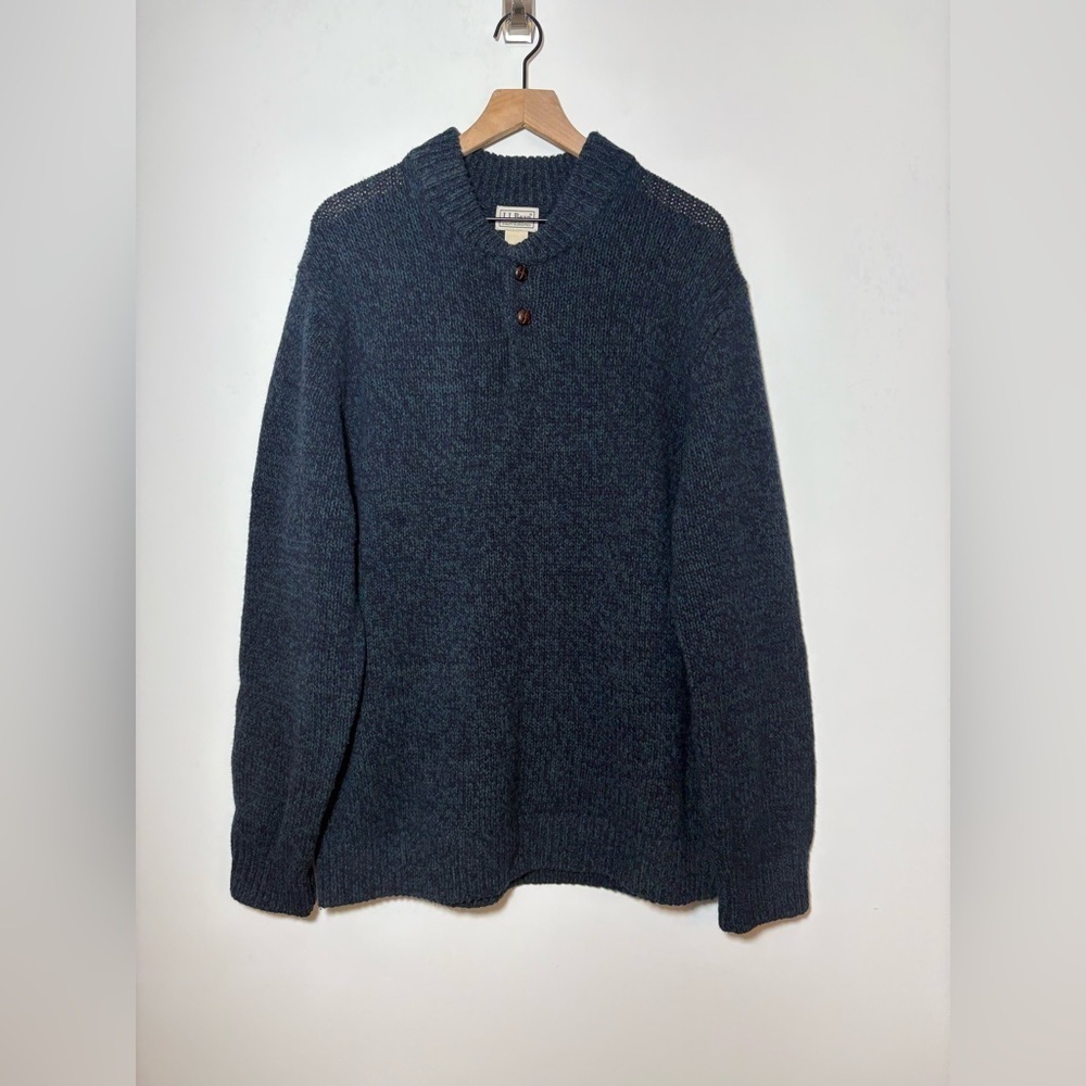 LL BEAN Men's Classic Ragg Blue Lambswool Henley Pullover Sweater XL Reg